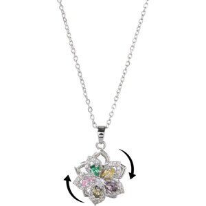 Women Flower Fidget Silver Colorful Necklace Rotatable Crystal Blossom Pendant